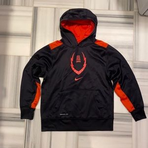 Black Nike hoodie; Therma-fit; Nike football logo; Kids medium; Fleece interior